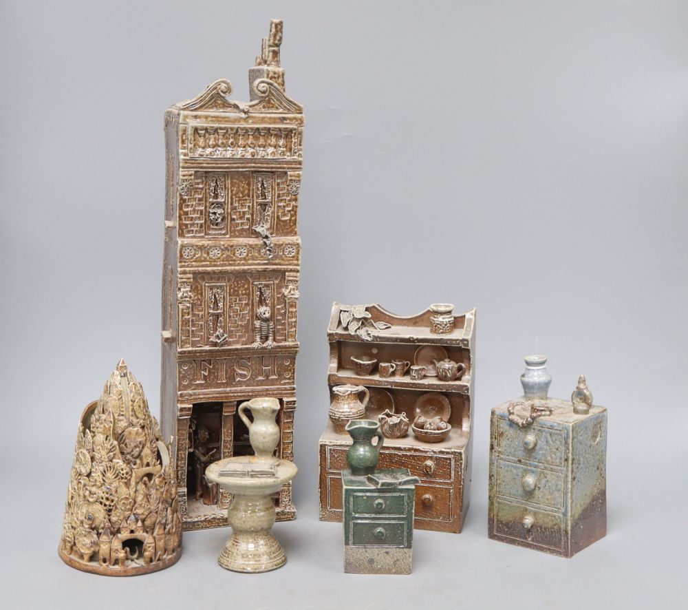 Ian Gregory (b.1947) five Studio pottery models of furniture and a house, tallest 39cm and a piece by another maker